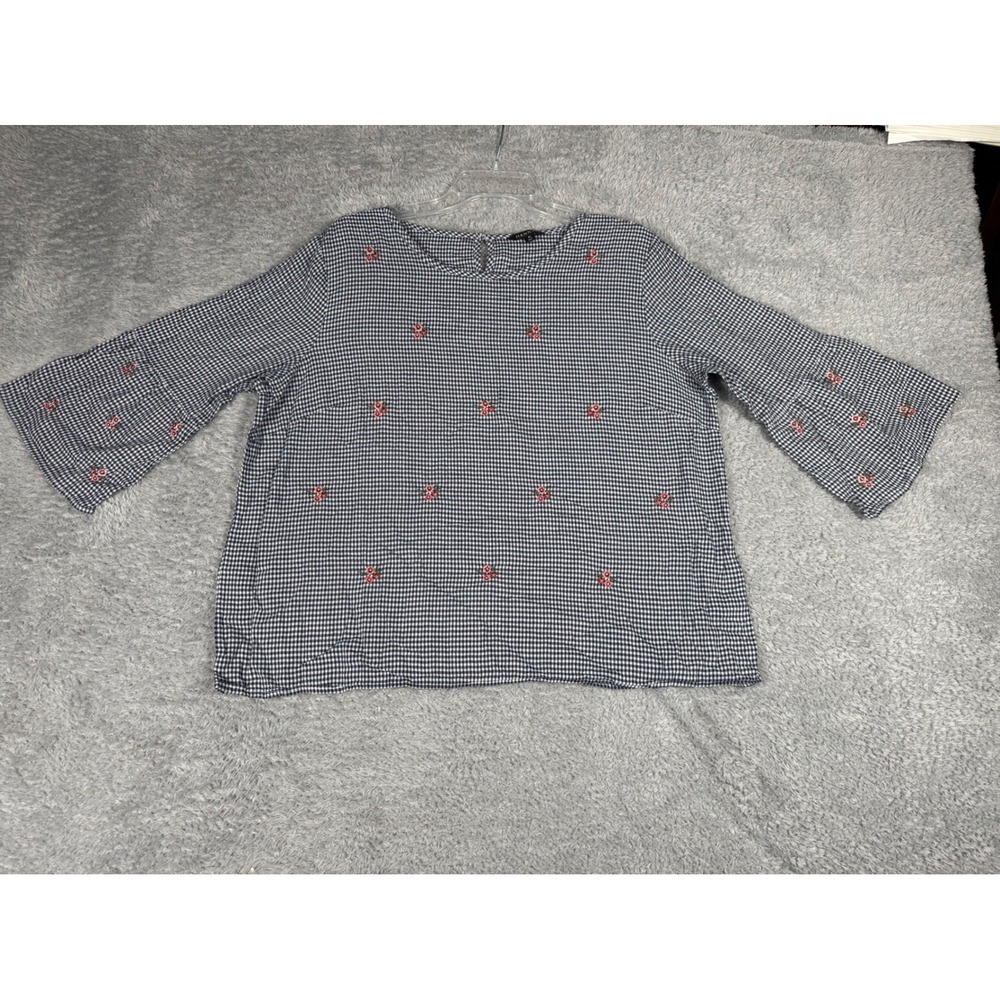 Hannah Gingham Blouse XL Navy White Excellent Floral Embroidered Bell Sleeve - Picture 1 of 9